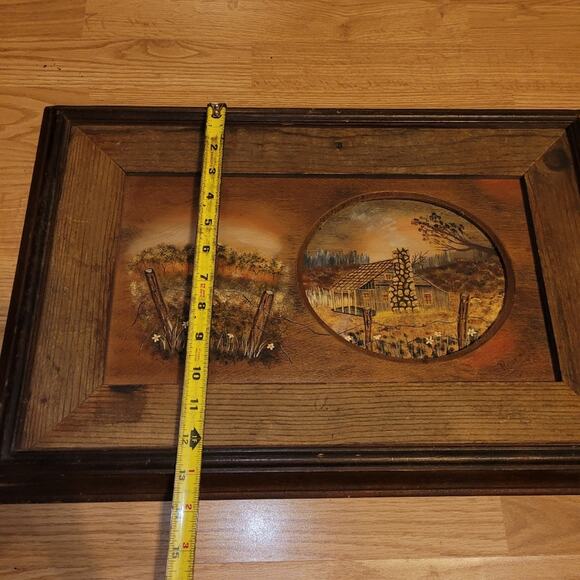 Vtg 70 Rustic Carved Framed Cabin Farmhouse Landscape Artist Signed Oil Painting - Picture 6 of 8